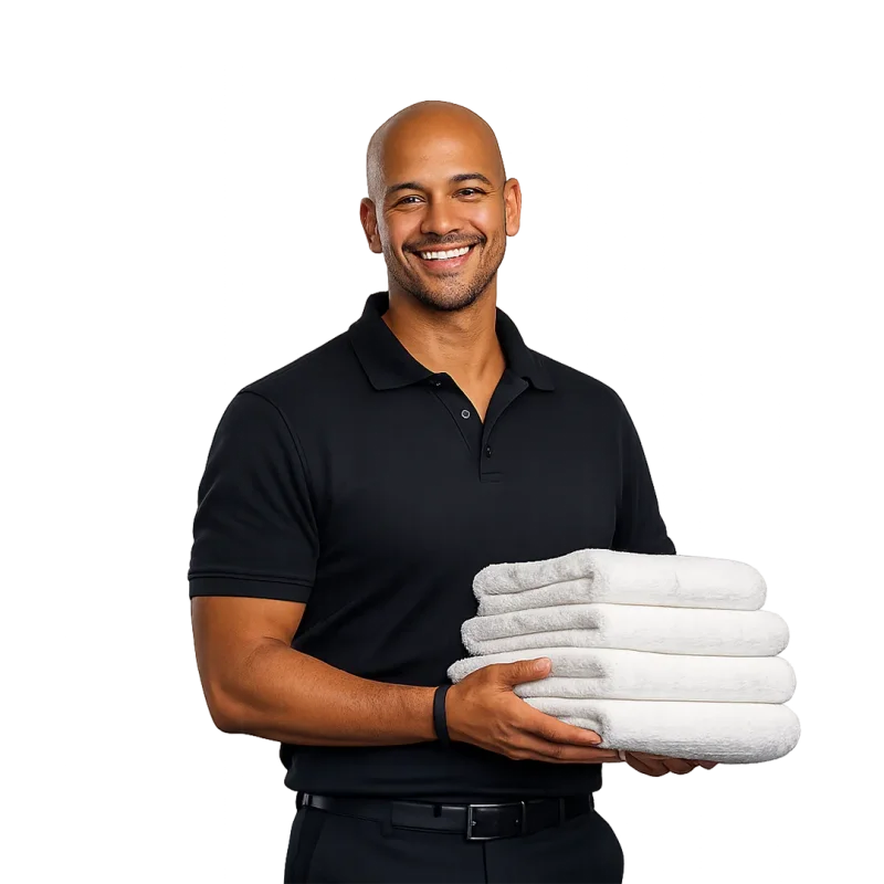 Lachende housekeeping medewerker van EXTRA met handdoeken